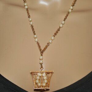 Vintage 9k Real Gold & Pearl Deco Oriental?  "Caged" Pendant Chain Necklace